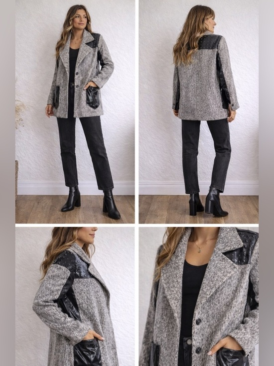 english rose Jackets & Blazers - English Rose Studded Moto Gray Black Faux Leather Coat M/L Edgy